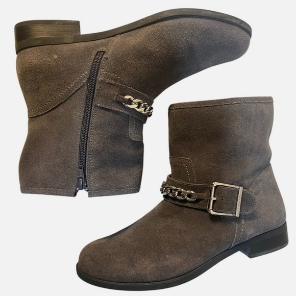 Vionic Suede Moto Boots Ankle Chain Booties Gray Zip Biker Orthotic Sz 9 - Picture 4 of 9